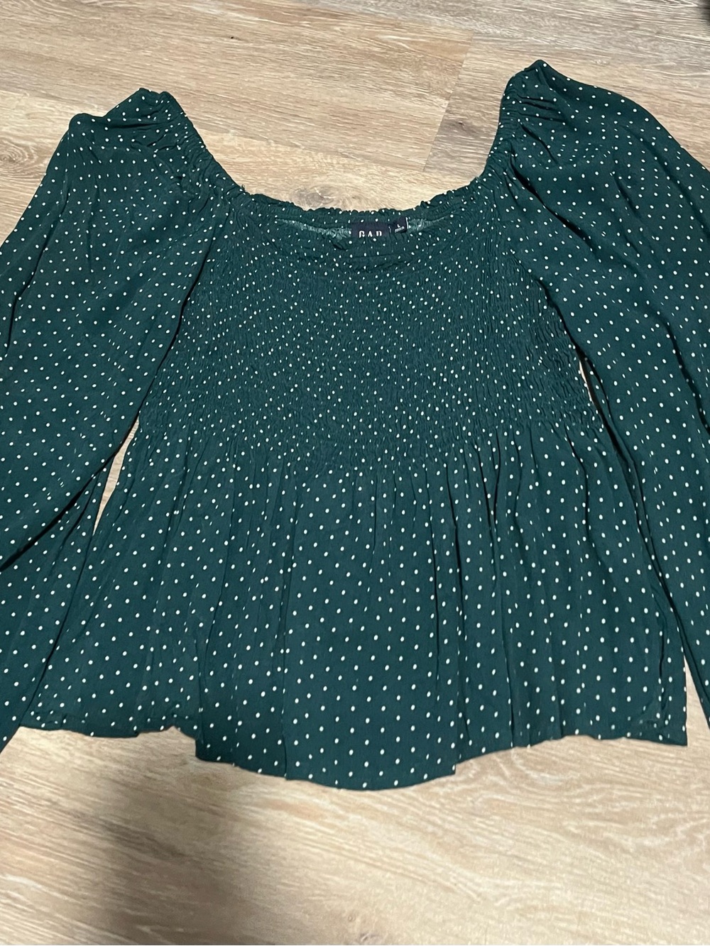 GAP Forest Green Polka Dot Smocked Blouse